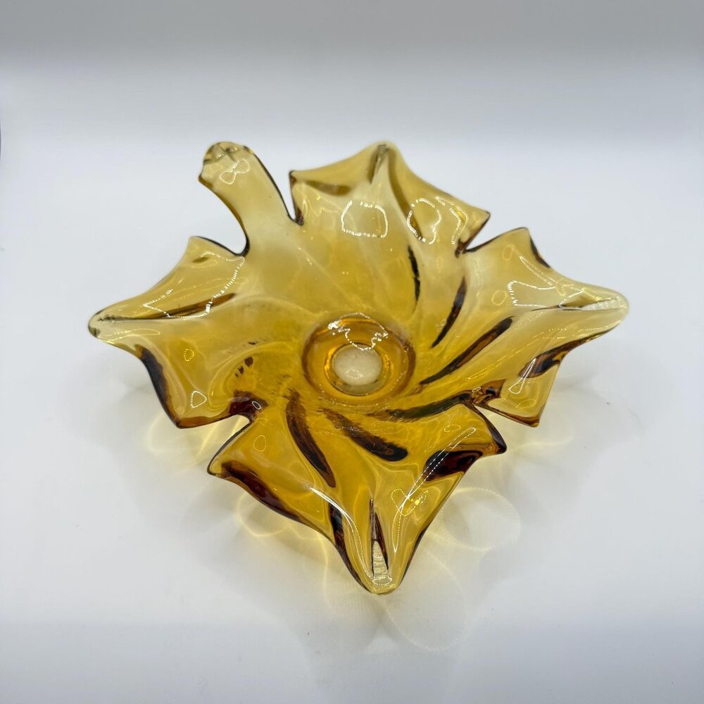 Vintage Amber Glass Leaf Bowl Fall Decor, Murano Style Art Glass Dish 1950s - 70